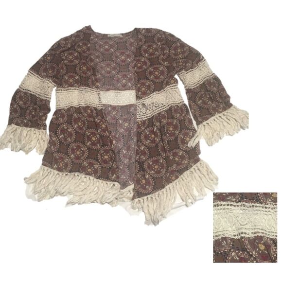Entro wrap Women's Large brown open front cream lace inserts fringe Boho Coastal - Picture 1 of 8